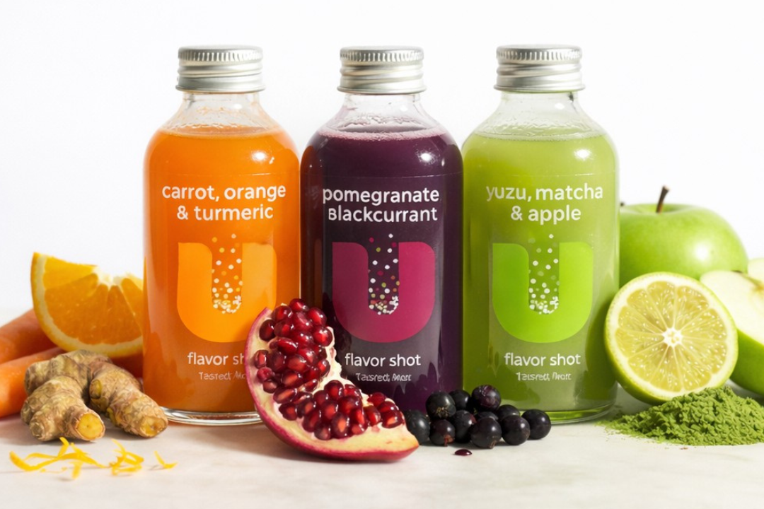 Three juice bottles with flavors carrot, orange & turmeric, pomegranate, blackcurrant, and yuzu, matcha & apple, surrounded by fresh fruits and vegetables on a white background.
