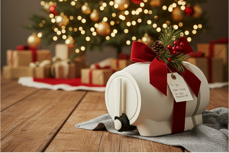 a home brewing device for kombucha wrapped in a bow under a christmas tree